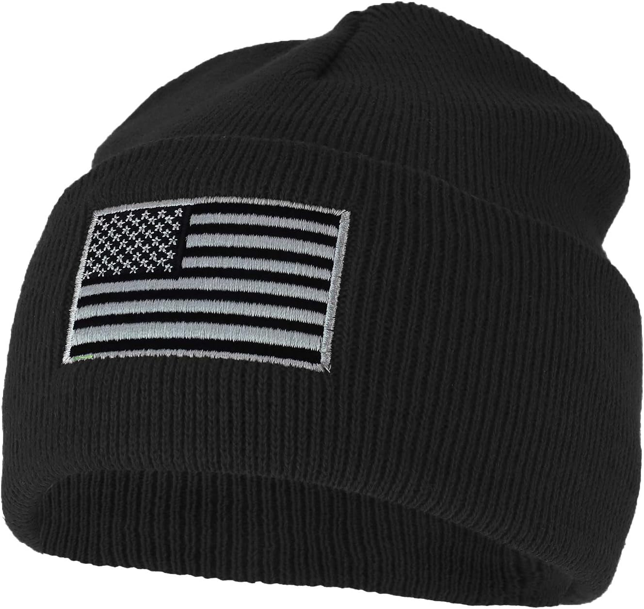 Made in USA Grey American Flag Embroidered Knit Cuff Long Beanie