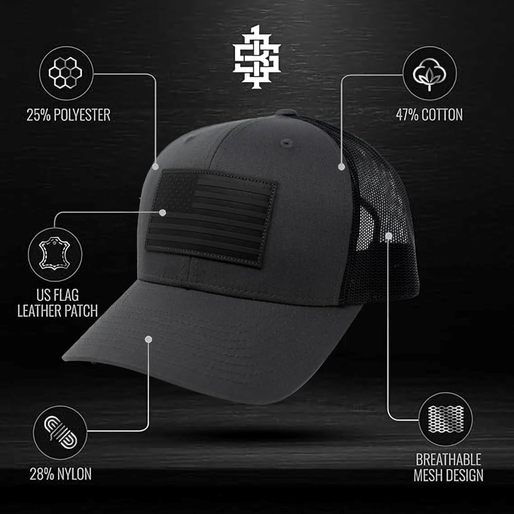 American Flag Hat – Leather Patch Mesh Back Snapback Hat for Men & Women USA Flag Trucker Hat, Casual Unisex Hat