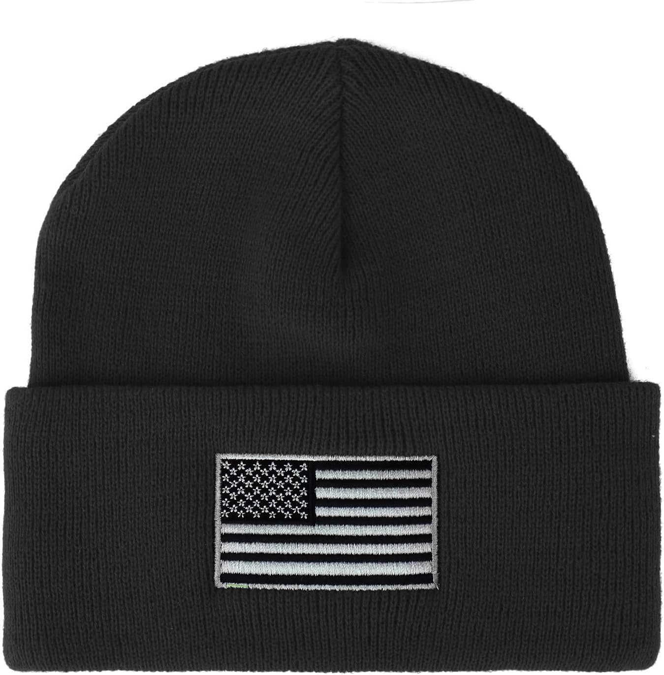 Made in USA Grey American Flag Embroidered Knit Cuff Long Beanie