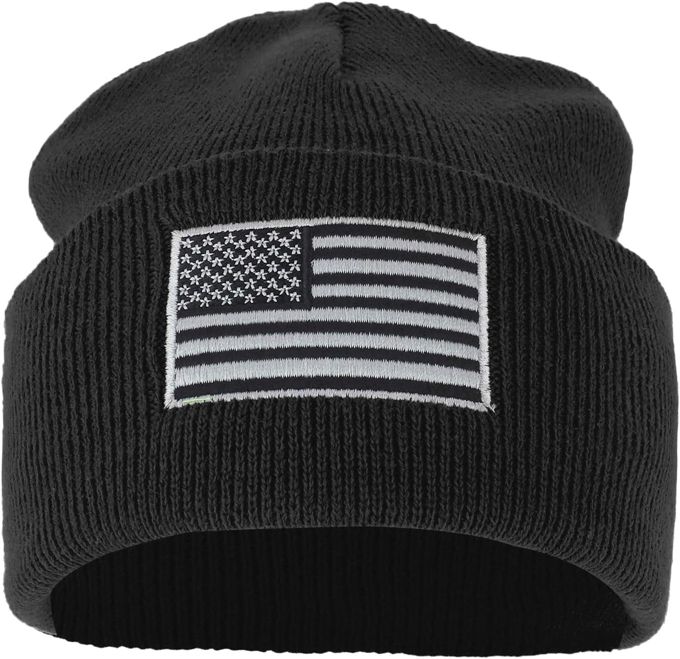 Made in USA Grey American Flag Embroidered Knit Cuff Long Beanie