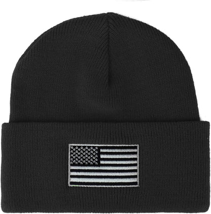 Made in USA Grey American Flag Embroidered Knit Cuff Long Beanie