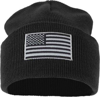 Made in USA Grey American Flag Embroidered Knit Cuff Long Beanie