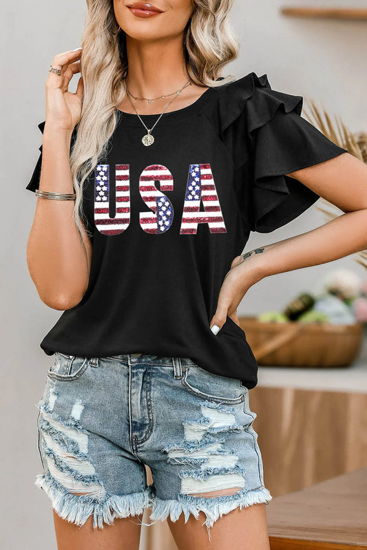 USA round Neck Flounce Sleeve Top